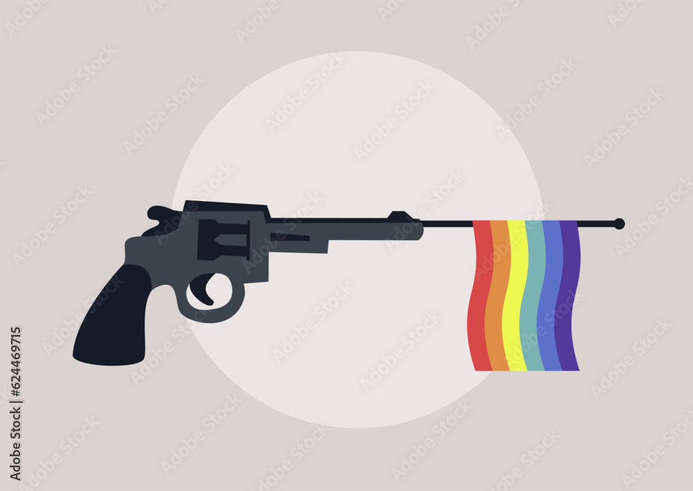 A toy gun with a rainbow flag targeted against LGBTQ people, homophobia and discrimination A toy gun with a rainbow flag targeted against LGBTQ people, homophobia and discrimination