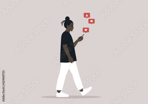 A full body portrait of a young African character using their phone on the go