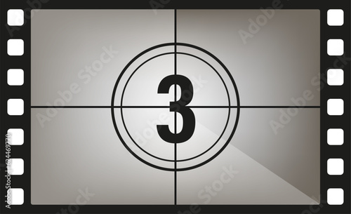 Сlassic movie countdown frame at the number three. Vintage retro cinema. Abstract concept graphic element. Art design. Vector illusration EPS 10