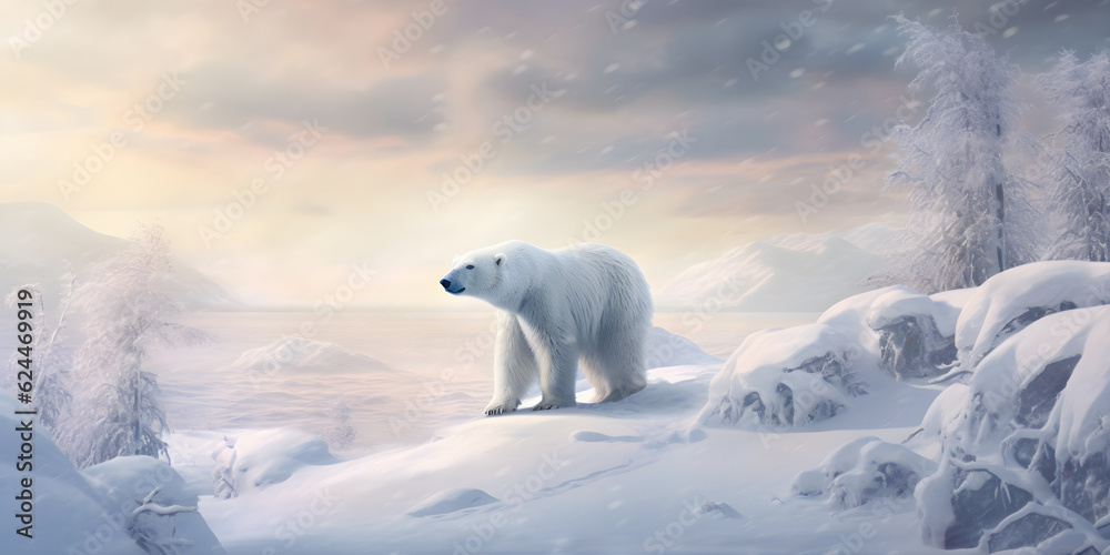 In the vast expanse of the Arctic tundra, a solitary Polar Bear traverses the icy terrain, its pure white fur blending seamlessly with the snow-covered landscape. In the vast expanse of the Arctic tundra, a solitary Polar Bear traverses the icy terrain, its pure white fur blending seamlessly with the snow-covered landscape.