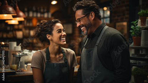 Manager and waitress laughing. Looking to digital tablet standing in cafe or restaurant. Small business concept.