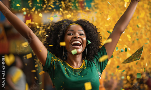 African woman happy and overjoyed after winning a competition celebrations with falling confetti photo