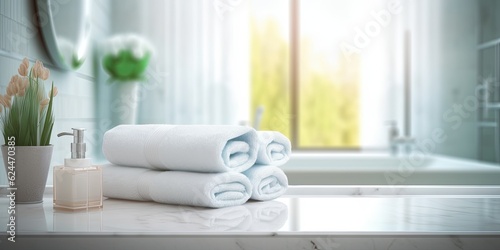 Empty Table Top in Bathroom with Blurred Background and Copy Space for Product