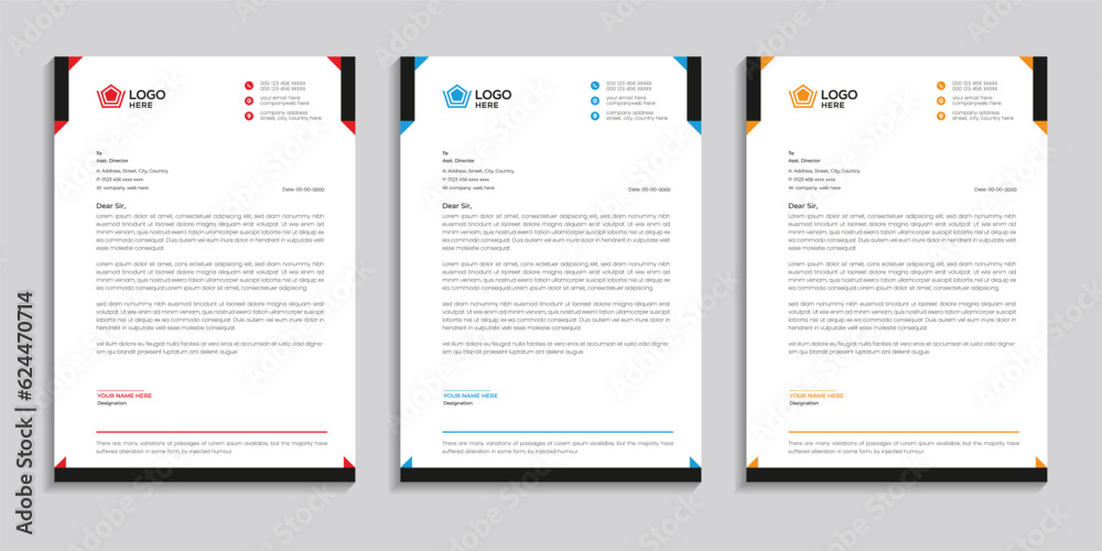 Corporate simple clean and creative letterhead template design with color variation set used for any business. 