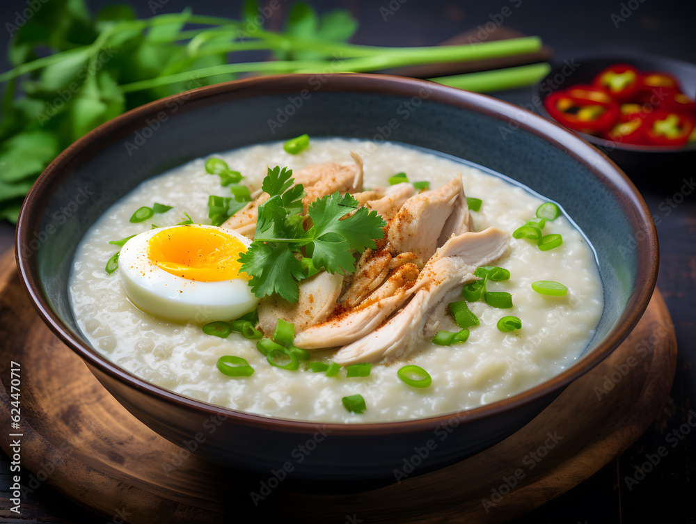 Bubur ayam or chicken congee is Indonesian rice porridge topped with shredded chicken, egg and various savoury condiments