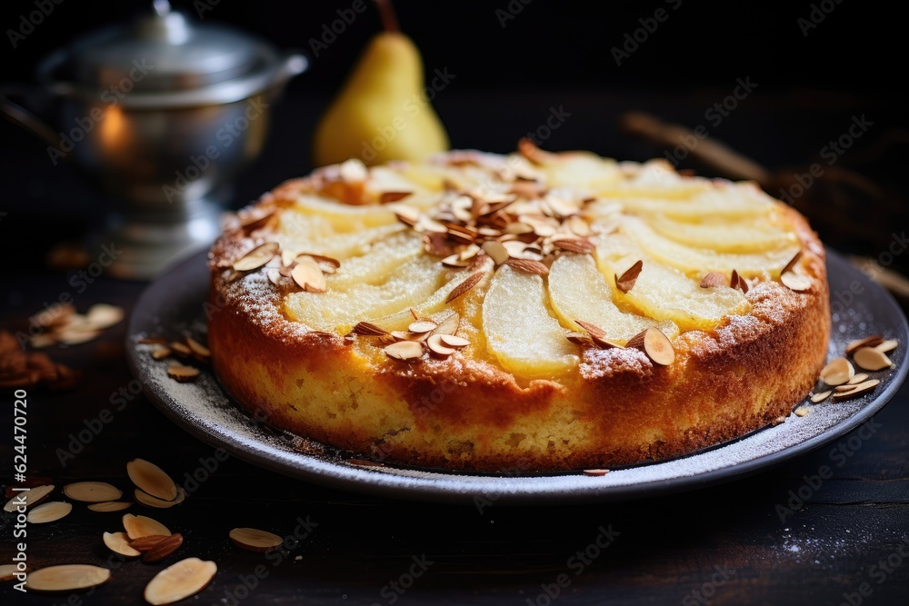 Delicious homemade pear pie on rustic table, AI Generated Delicious homemade pear pie on rustic table, AI Generated