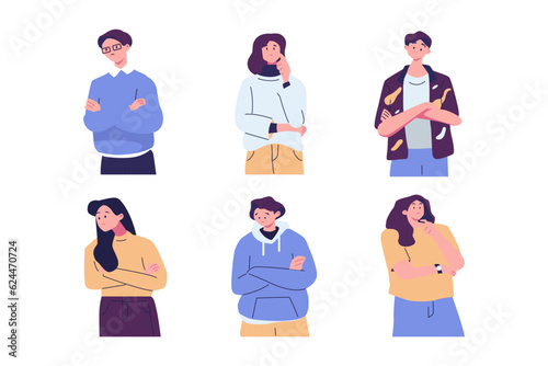 Doubtful serious characters set. Flat vector illustrations isolated on white background