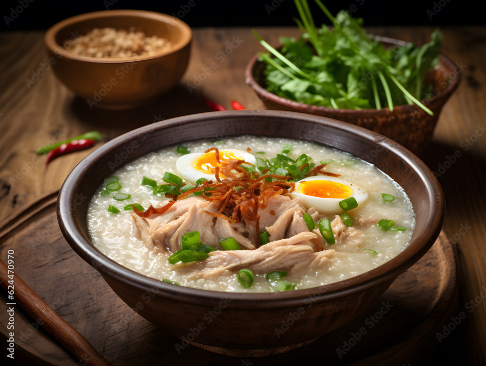 Bubur ayam or chicken congee is Indonesian rice porridge topped with shredded chicken, egg and various savoury condiments