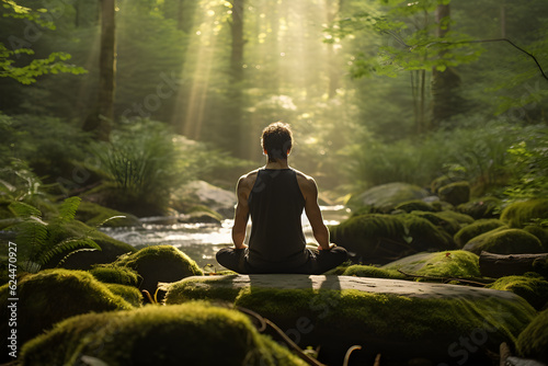 Tranquil Scene of a Person Practicing Yoga in a Serene Forest photo