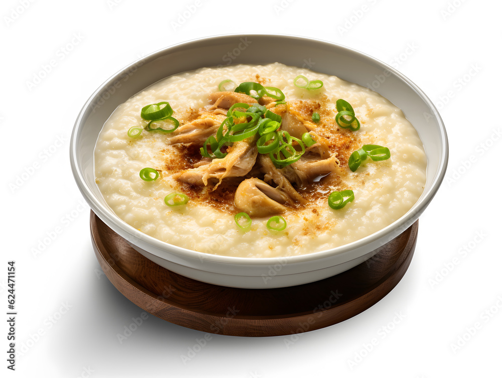 Bubur ayam or chicken congee is Indonesian rice porridge topped with shredded chicken and various savoury condiments on isolated white background Bubur ayam or chicken congee is Indonesian rice porridge topped with shredded chicken and various savoury condiments on isolated white background