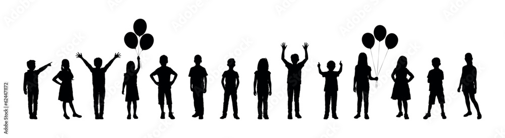 Group of children various poses standing in row vector silhouette set.