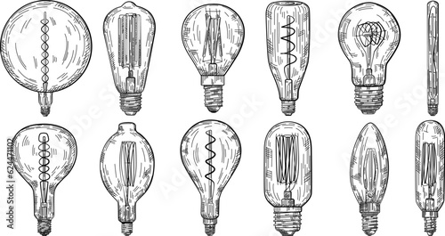 Set of hand drawn light bulb in vintage engraved style. Electric lamp sketch collection. Isolated on white background. Vector illustration