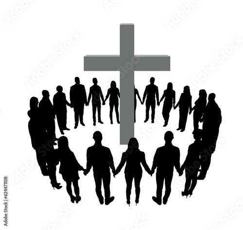 Group of Christians standing in circle holding hands together with giant holy cross in the middle full vector silhouette.	