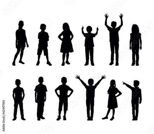 Group of kids standing in row with different poses black silhouette set.