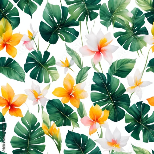 Watercolor Tropical flower plant background seamless patterns generative ai