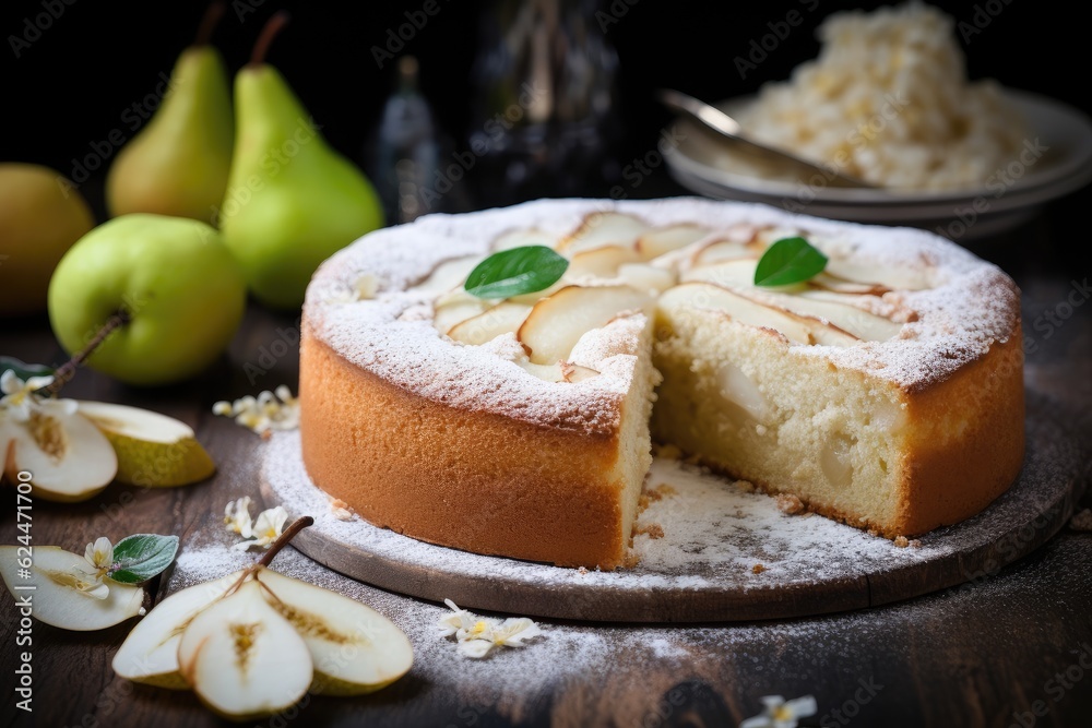 Delicious homemade pear pie on rustic table, AI Generated Delicious homemade pear pie on rustic table, AI Generated