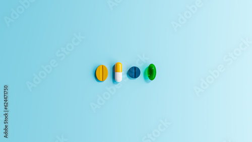 Medical tablets  capsules  and pills arranged in a row next to each other. Abstract background related to medication therapy.