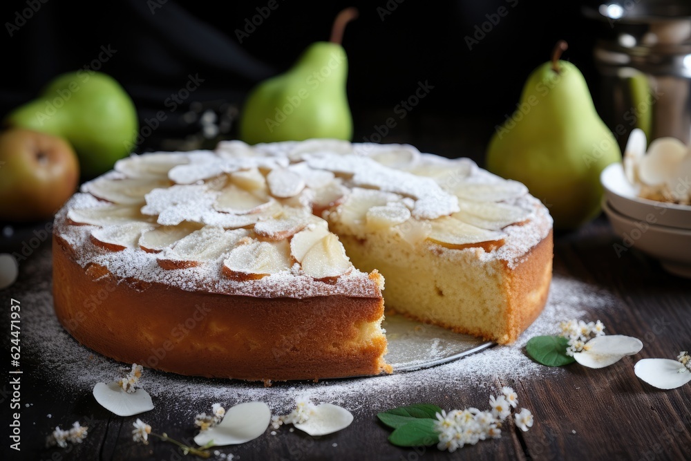 Delicious homemade pear pie on rustic table, AI Generated Delicious homemade pear pie on rustic table, AI Generated