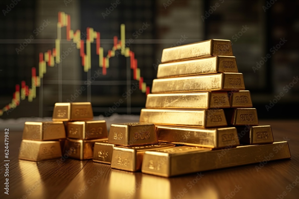 Gold coins and bullions with stock market exchange charts in background. Generative Ai Gold coins and bullions with stock market exchange charts in background. Generative Ai