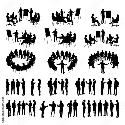 Business people teamwork meeting and brainstorming vector silhouettes set collection.