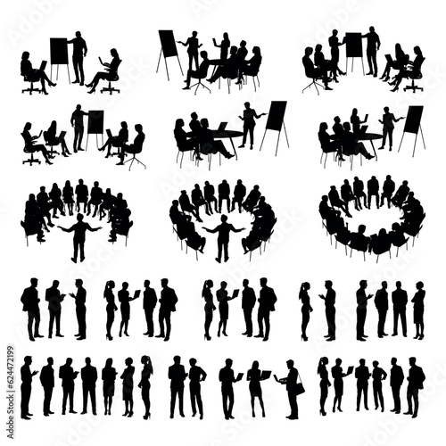 Business people meeting brainstorming vector black silhouettes set collection.