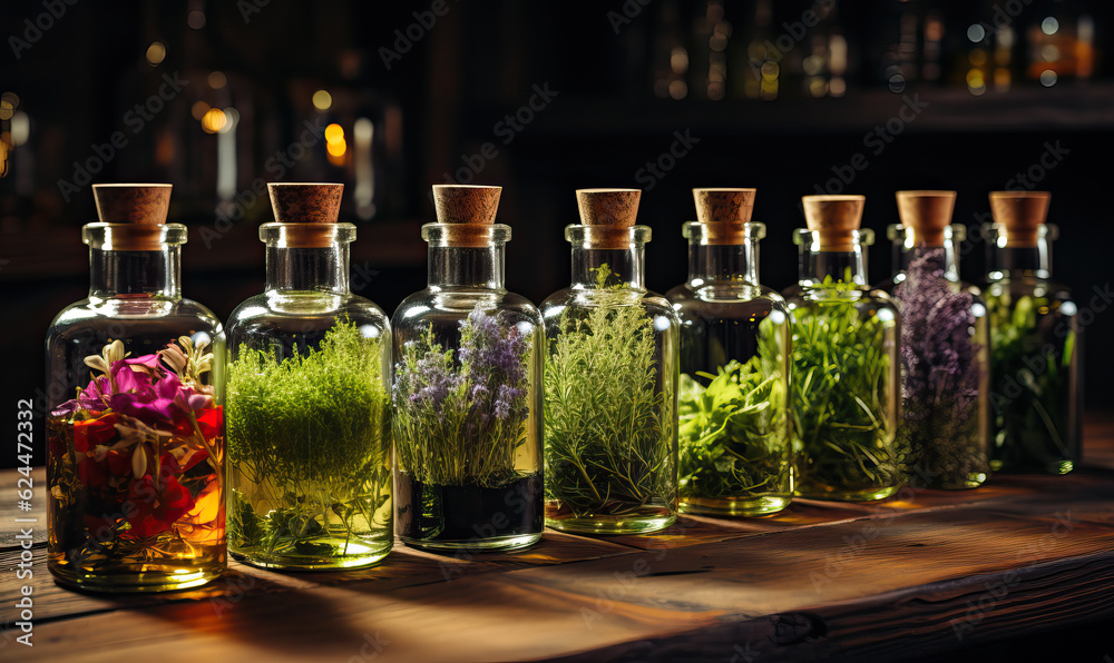Aromatherapy, bottles with herbs and oil on a wooden table. Aromatherapy, bottles with herbs and oil on a wooden table.