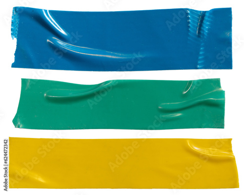 Blue, green and yellow plastic electrical tape photo