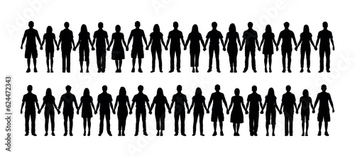 Group people holding hands standing together black silhouettes set collection. People different ages standing together silhouette.
