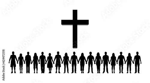 Christians people holding hands standing in row with giant cross vector silhouette set photo