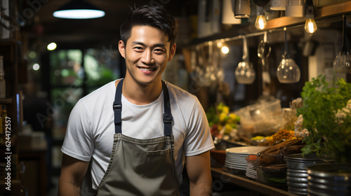 Portrait of asian young male cafe or restaurant owner with smile
