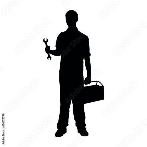 Mechanic man holding toolbox silhouette.