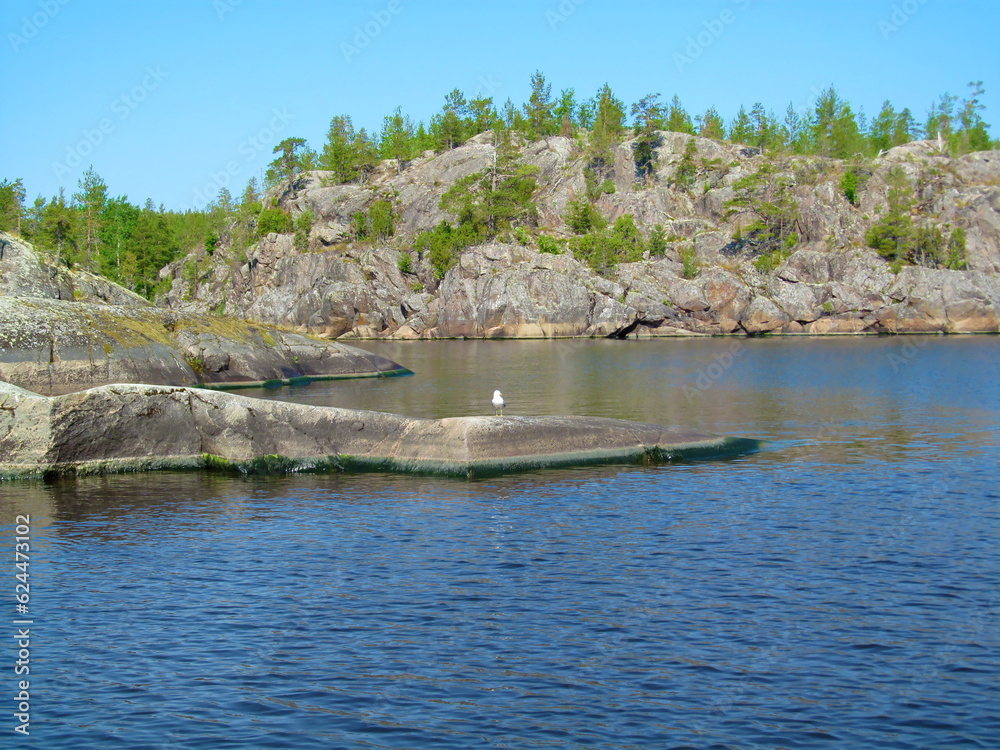 Rocky coast with large stones, trees and reflection in quiet water surface of northern lake. Northern nature and blue sky in summer. Ladoga lake, Karelia, Russia. Rocky coast with large stones, trees and reflection in quiet water surface of northern lake. Northern nature and blue sky in summer. Ladoga lake, Karelia, Russia.