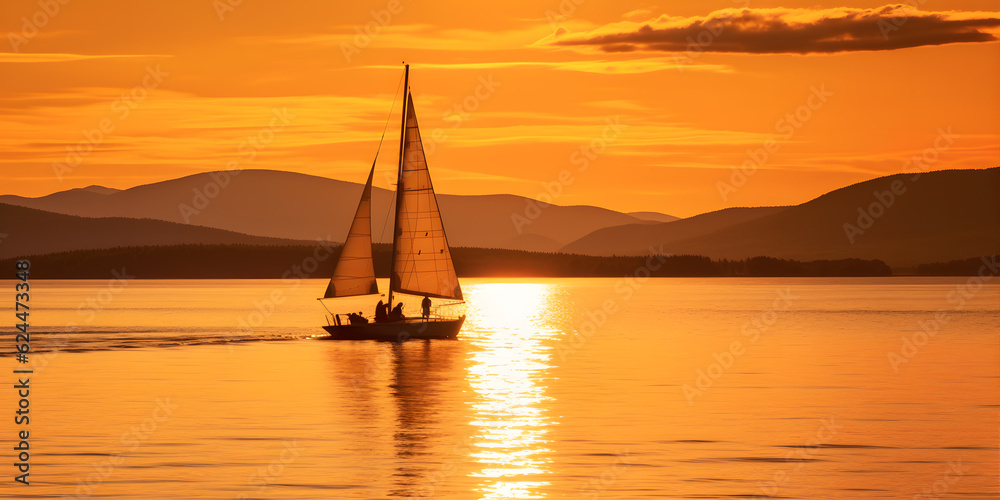 Sailing on a Tranquil Lake at Sunset, with a warm orange glow reflecting off the calm water