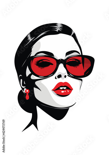black and white silhouette of woman face with red lips wearing sunglasses,editable,ready to print,design as icon,high quality vector
