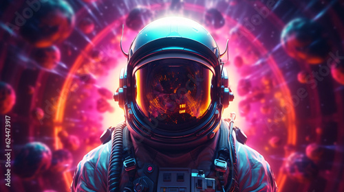 Psychedelic Retro Wave Astronaut in Neon Light. Pink Blue Violet Trendy Colors. Front View of a Space Suit. © ckybe