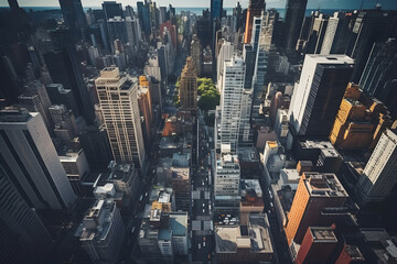 Aerial View of Downtown Buildings and Busy Streets