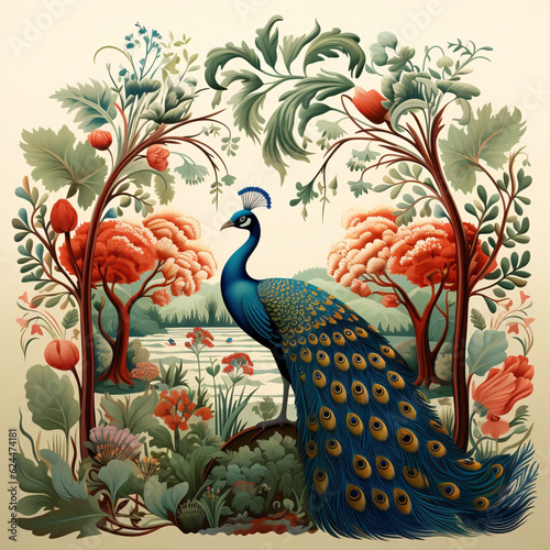 Traditional Mughal garden, arch, peacock, plant and bird illustration