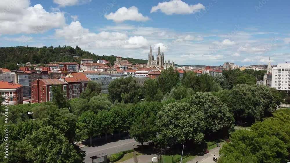Aerial view of Burgos, Spanish historical city, with the gothic cathedral in the back in a sunny bright beautiful day Aerial view of Burgos, Spanish historical city, with the gothic cathedral in the back in a sunny bright beautiful day