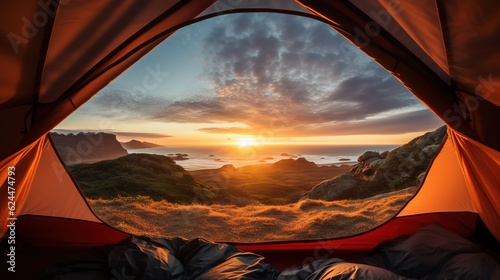 the stunning sunset further enhances the breathtaking view from inside camping tent