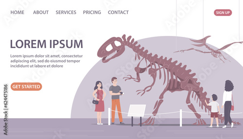 Paleontological museum with dinosaur skeletons. People adults and children on excursions. Archeology and fossil ancient lizards. Flat vector illustration. Design for website, banner