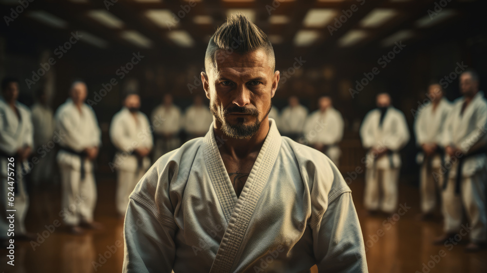 Fototapeta premium Dynamic Dojo Ambiance. Karate Practitioners Training with an Engaging Background. AI Generative