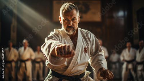 Dynamic Dojo Ambiance. Karate Practitioners Training with an Engaging Background. AI Generative