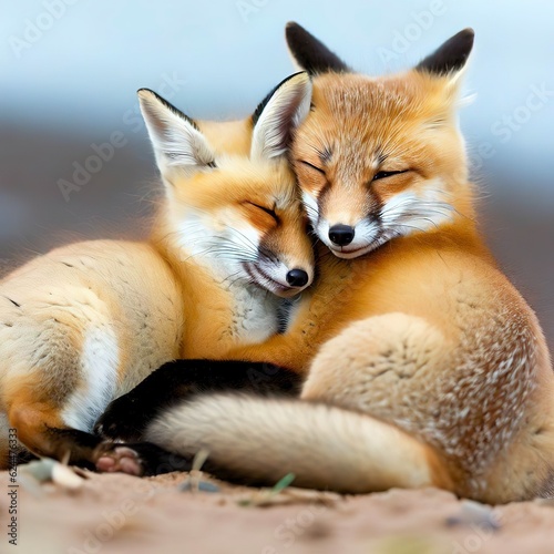 Wild baby red foxes cuddling at the beach, Nova Scotia, Canada © Emanuel