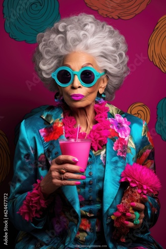 An elderly stylish woman, with a maximalist pink and turquoise outfit, enjoying a pink cocktail embellished with a flower.