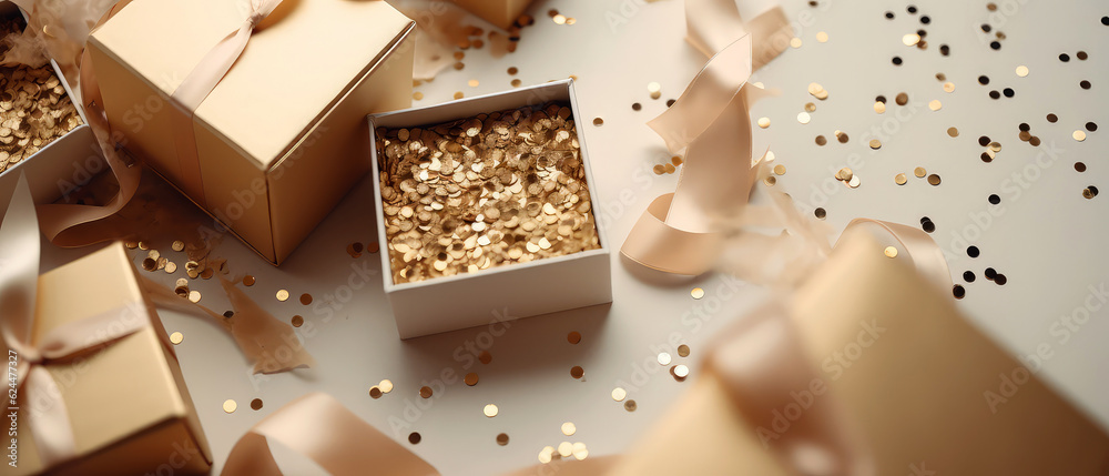  Happy Holidays beige composition. Celebration greeting background with gift boxes, sparkles, confetti. Flat lay. Top view. cover for social networks, shopping mockup.Generative Ai