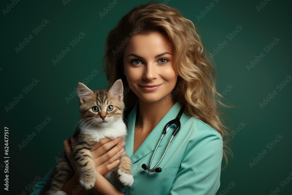 Animal health and prevention. White cat with veterinarian on green background with space for text. Copy space. Animal healthcare concept AI Generative Animal health and prevention. White cat with veterinarian on green background with space for text. Copy space. Animal healthcare concept AI Generative