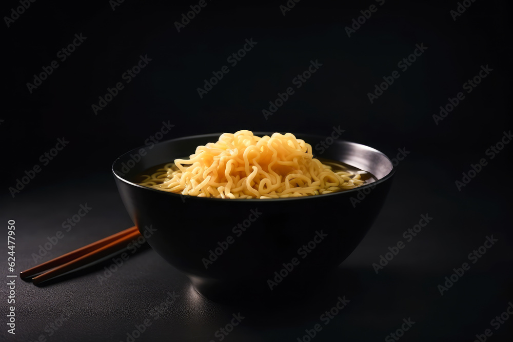 Japanese noodles in black bowl on a dark background. Generative AI. Japanese noodles in black bowl on a dark background. Generative AI.