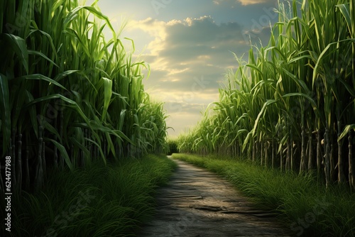 Sugar cane field. The process of accelerated maturation of genetically modified sugar cane. Soil poisoning with chemical fertilizers. Agro business.