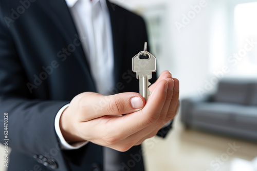 Real estate agent holding key on background of new apartment. Mortgage, investment, rent, property concept. Generative AI