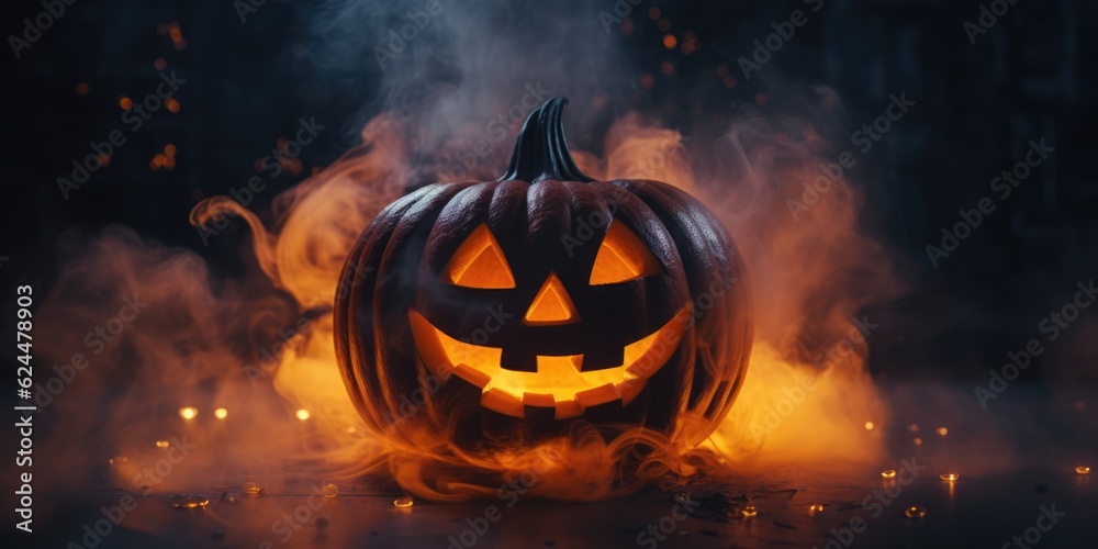 Fototapeta premium Halloween concept - pumpkin with a scary luminous face in smoke and neon light background, dark, Copy space, generative ai